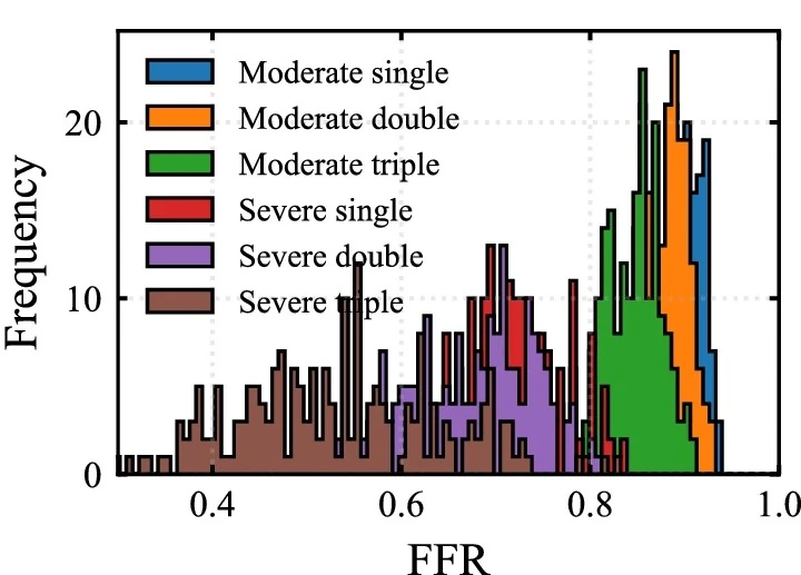 Physiological inputs grouped as systemic circulation, cardiac function, coronary resistance and myocardial compression → their probability distributions → the reduced-order ensemble → the resulting FFR distribution by stenosis severity