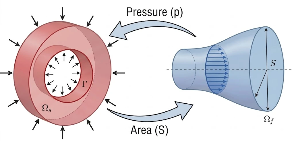 Lower-limb cross-section with the compression chambers, the two-way link between 3D tissue mechanics and 1D venous flow, the upstream lumped-parameter network, and a comparison of results and cost against full 3D FSI